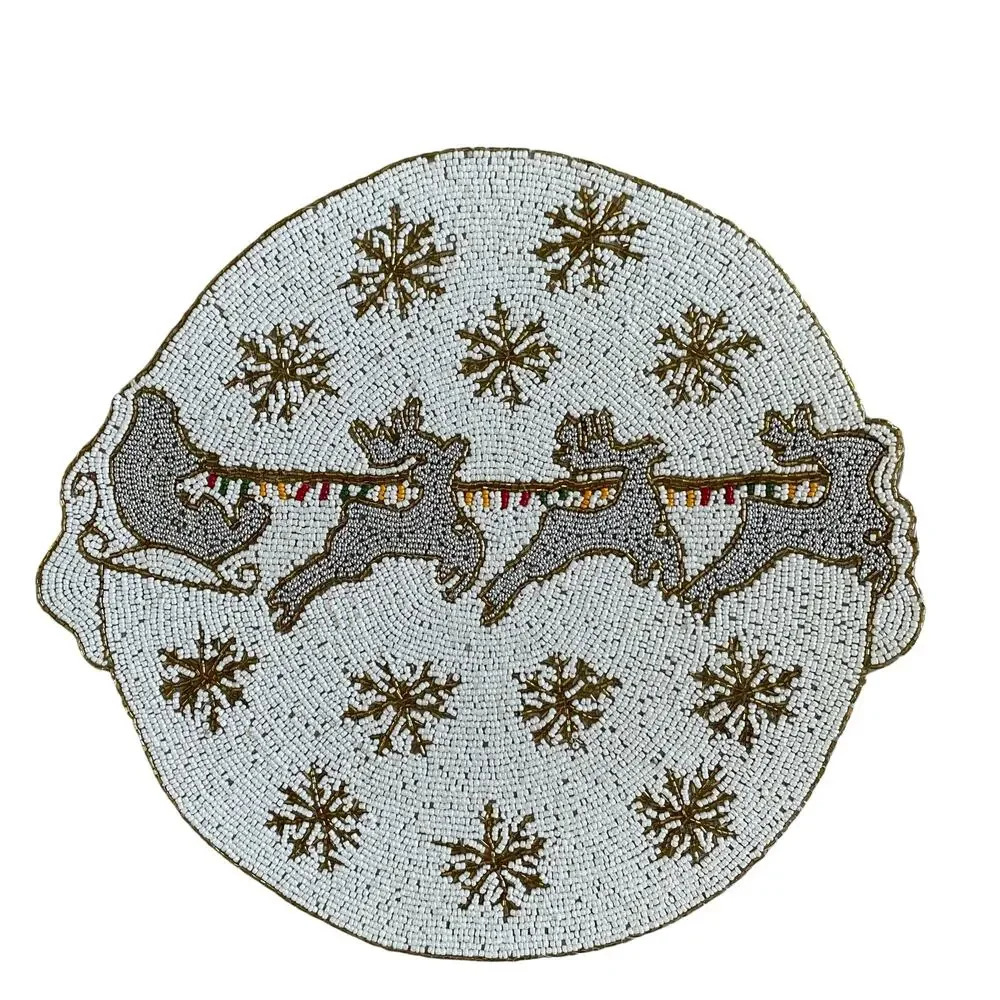 Tahari Christmas Beaded Placemat 15in Holiday Glam Reindeer Snowflakes NEW